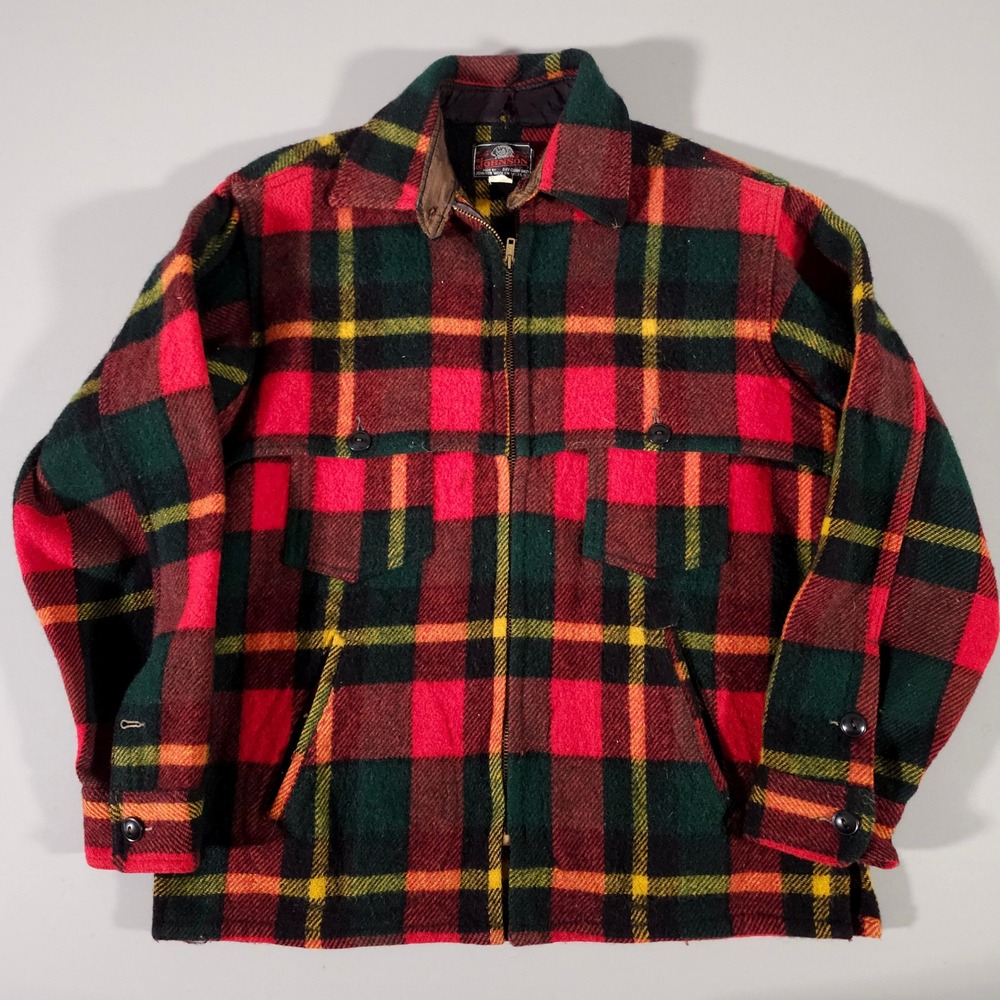 Johnson Woolen Mills Hunting Jacket Mens 16 Red Plaid Full Zip Wool Coat